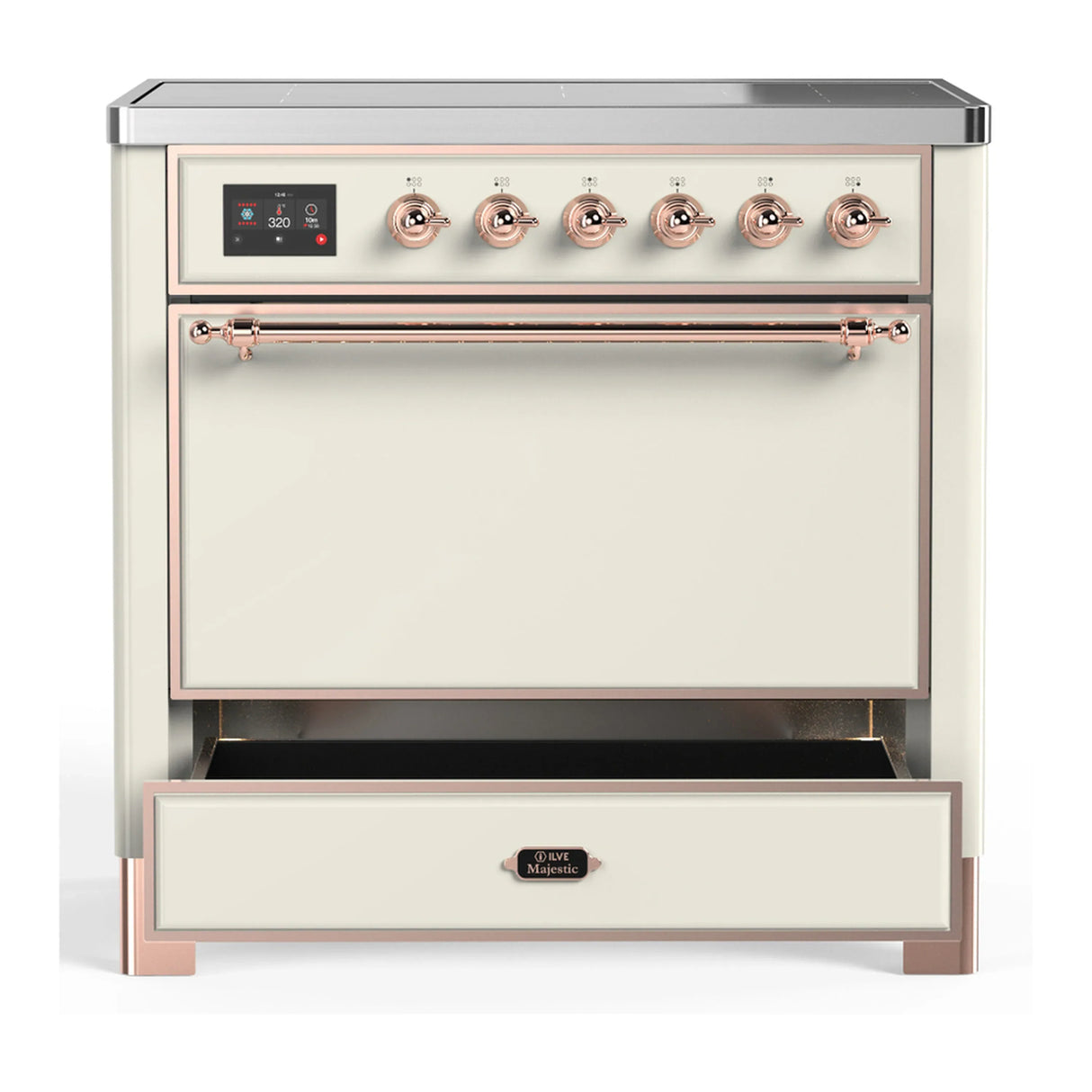 ILVE Majestic III 36-Inch Induction Range with 6 Induction Elements and Solid Door Electric Oven in Antique White with Copper Trim (UMIB36QNR3AWP)