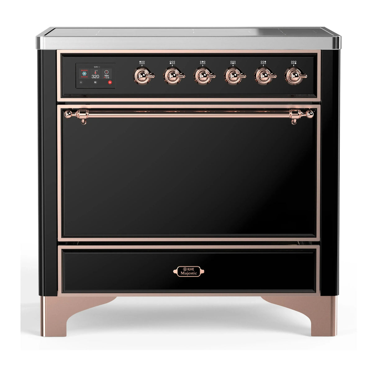 ILVE Majestic III 36-Inch Induction Range with 6 Induction Elements and Solid Door Electric Oven in Glossy Black with Copper Trim (UMIB36QNR3BKP)