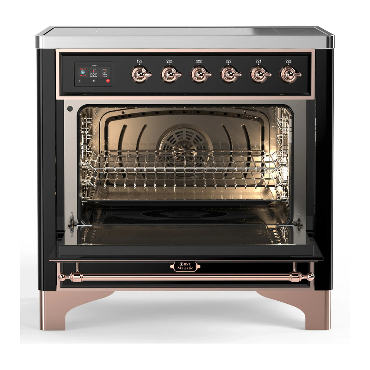 ILVE Majestic III 36-Inch Induction Range with 6 Induction Elements and Solid Door Electric Oven in Glossy Black with Copper Trim (UMIB36QNR3BKP)