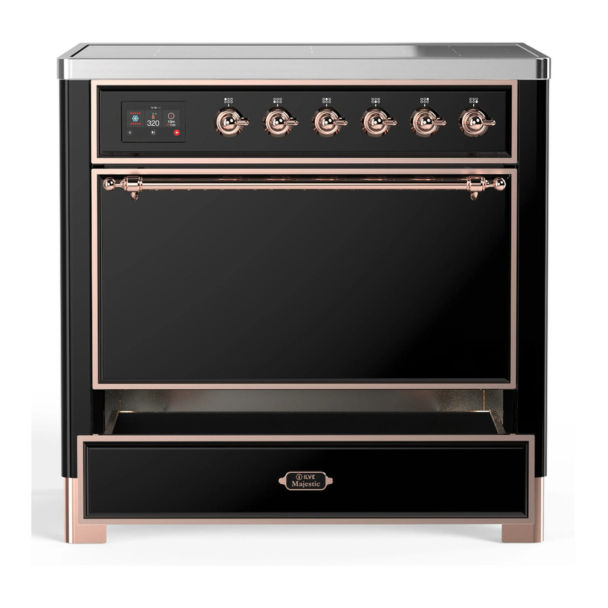 ILVE Majestic III 36-Inch Induction Range with 6 Induction Elements and Solid Door Electric Oven in Glossy Black with Copper Trim (UMIB36QNR3BKP)