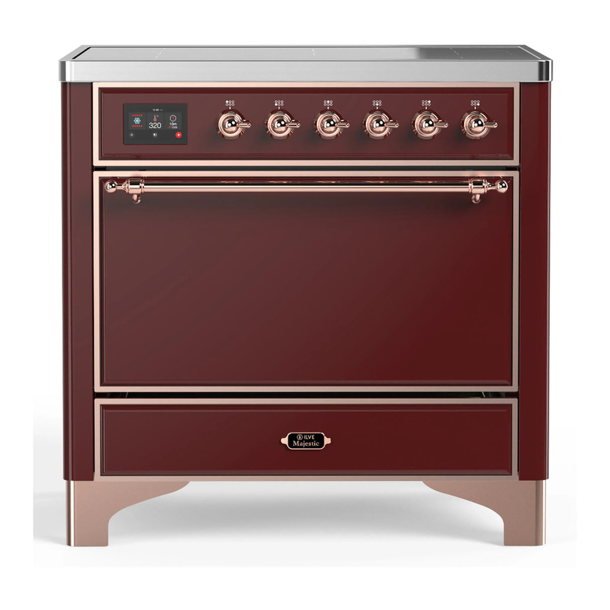 ILVE Majestic III 36-Inch Induction Range with 6 Induction Elements and Solid Door Electric Oven in Burgundy with Copper Trim (UMIB36QNR3BUP)