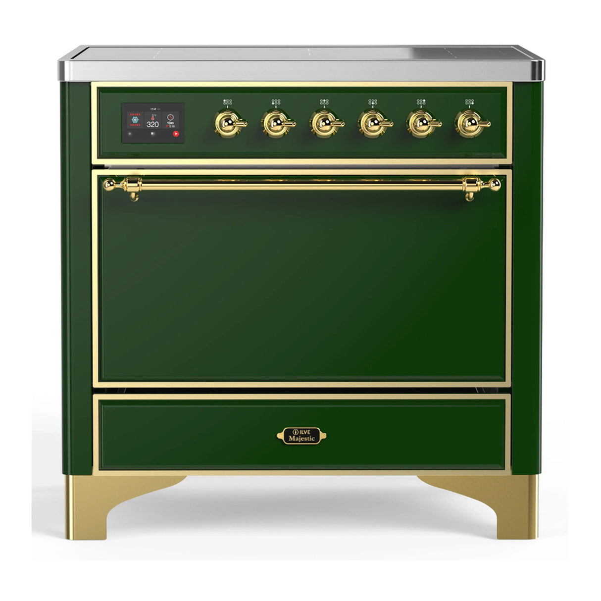 ILVE Majestic III 36-Inch Induction Range with 6 Induction Elements and Solid Door Electric Oven in Emerald Green with Brass Trim (UMIB36QNR3EGG)