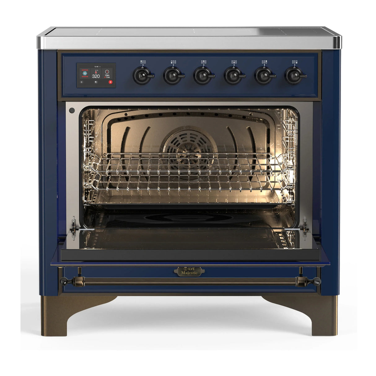 ILVE Majestic III 36-Inch Induction Range with 6 Induction Elements and Solid Door Electric Oven in Mightnight Blue with Burnished Trim (UMIB36QNR3MBB)