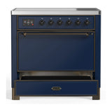 ILVE Majestic III 36-Inch Induction Range with 6 Induction Elements and Solid Door Electric Oven in Mightnight Blue with Burnished Trim (UMIB36QNR3MBB)