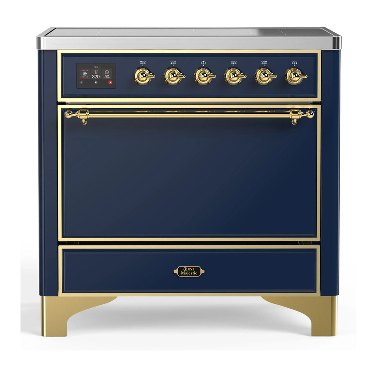 ILVE Majestic III 36-Inch Induction Range with 6 Induction Elements and Solid Door Electric Oven in Mightnight Blue with Brass Trim (UMIB36QNR3MBG)