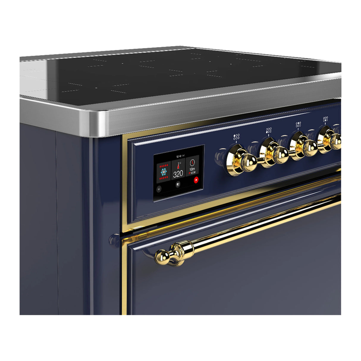 ILVE Majestic III 36-Inch Induction Range with 6 Induction Elements and Solid Door Electric Oven in Mightnight Blue with Brass Trim (UMIB36QNR3MBG)