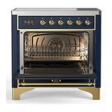 ILVE Majestic III 36-Inch Induction Range with 6 Induction Elements and Solid Door Electric Oven in Mightnight Blue with Brass Trim (UMIB36QNR3MBG)