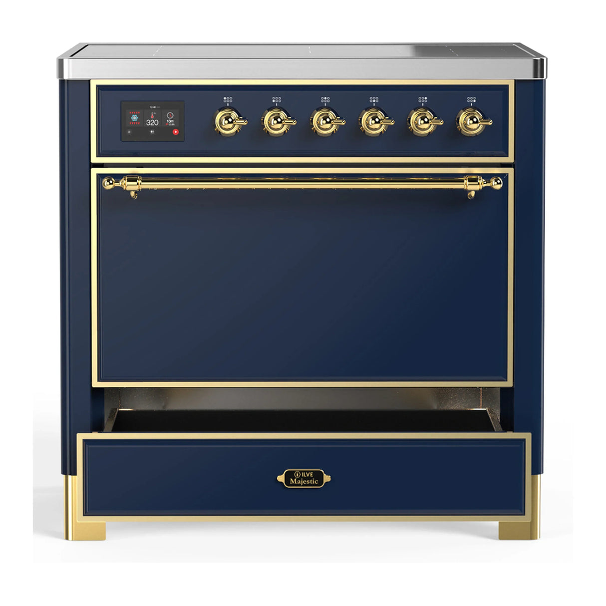ILVE Majestic III 36-Inch Induction Range with 6 Induction Elements and Solid Door Electric Oven in Mightnight Blue with Brass Trim (UMIB36QNR3MBG)
