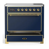 ILVE Majestic III 36-Inch Induction Range with 6 Induction Elements and Solid Door Electric Oven in Mightnight Blue with Brass Trim (UMIB36QNR3MBG)