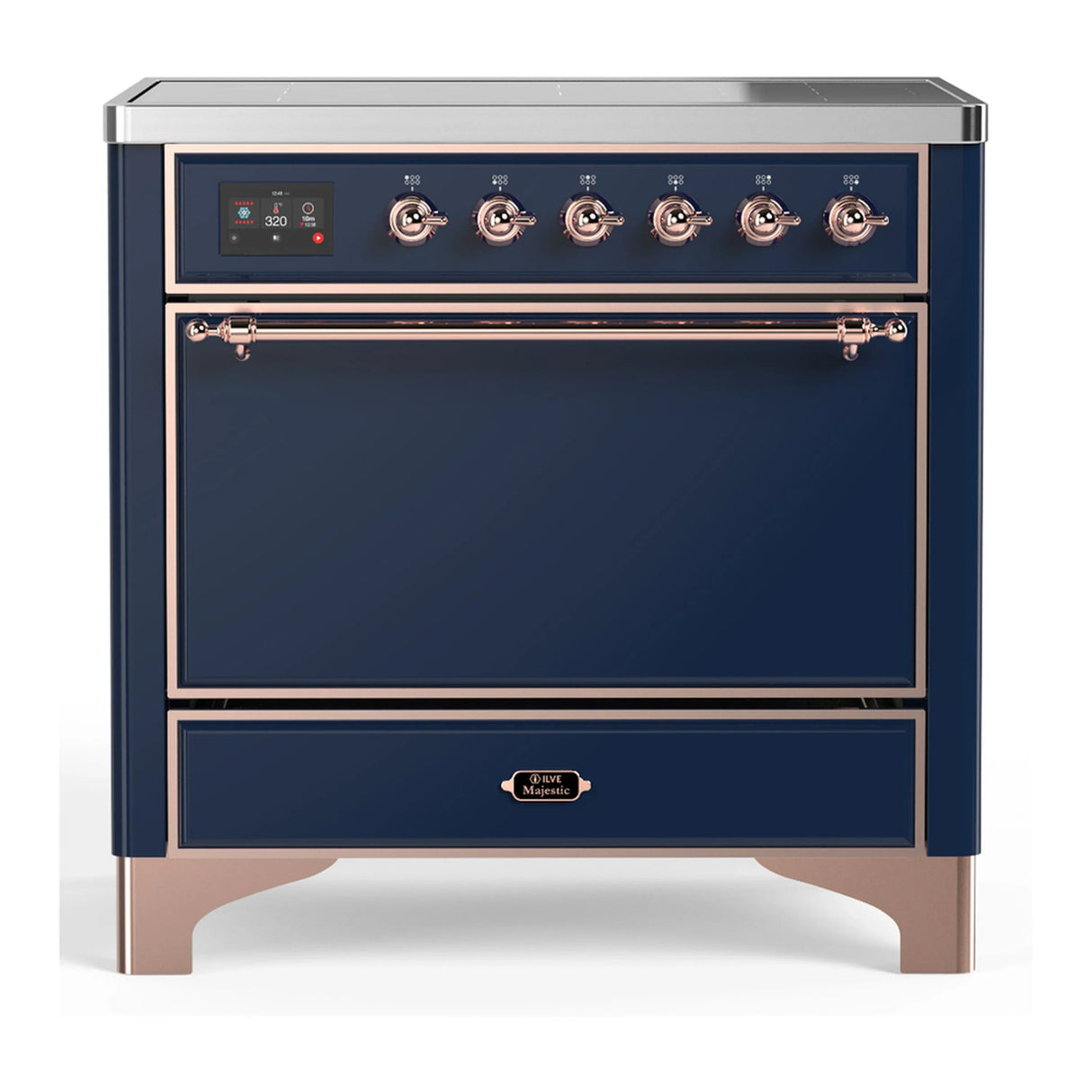 ILVE Majestic III 36-Inch Induction Range with 6 Induction Elements and Solid Door Electric Oven in Mightnight Blue with Copper Trim (UMIB36QNR3MBP)