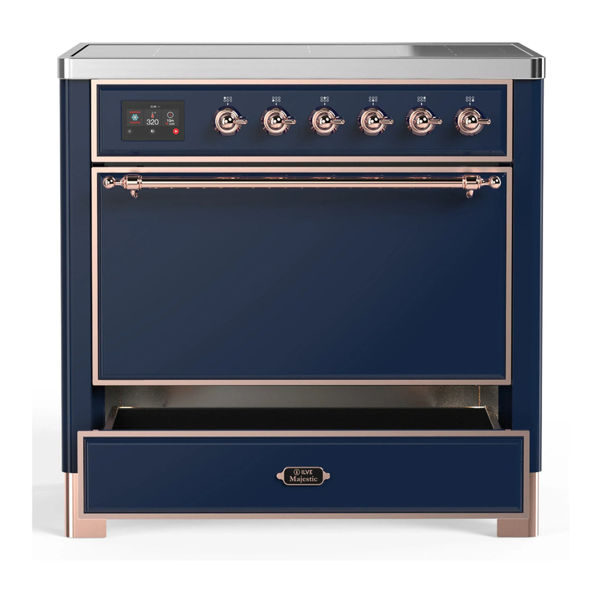 ILVE Majestic III 36-Inch Induction Range with 6 Induction Elements and Solid Door Electric Oven in Mightnight Blue with Copper Trim (UMIB36QNR3MBP)