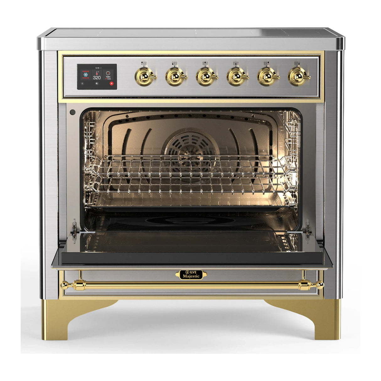 ILVE Majestic III 36-Inch Induction Range with 6 Induction Elements and Solid Door Electric Oven in Stainless Steel with Brass Trim (UMIB36QNR3SSG)