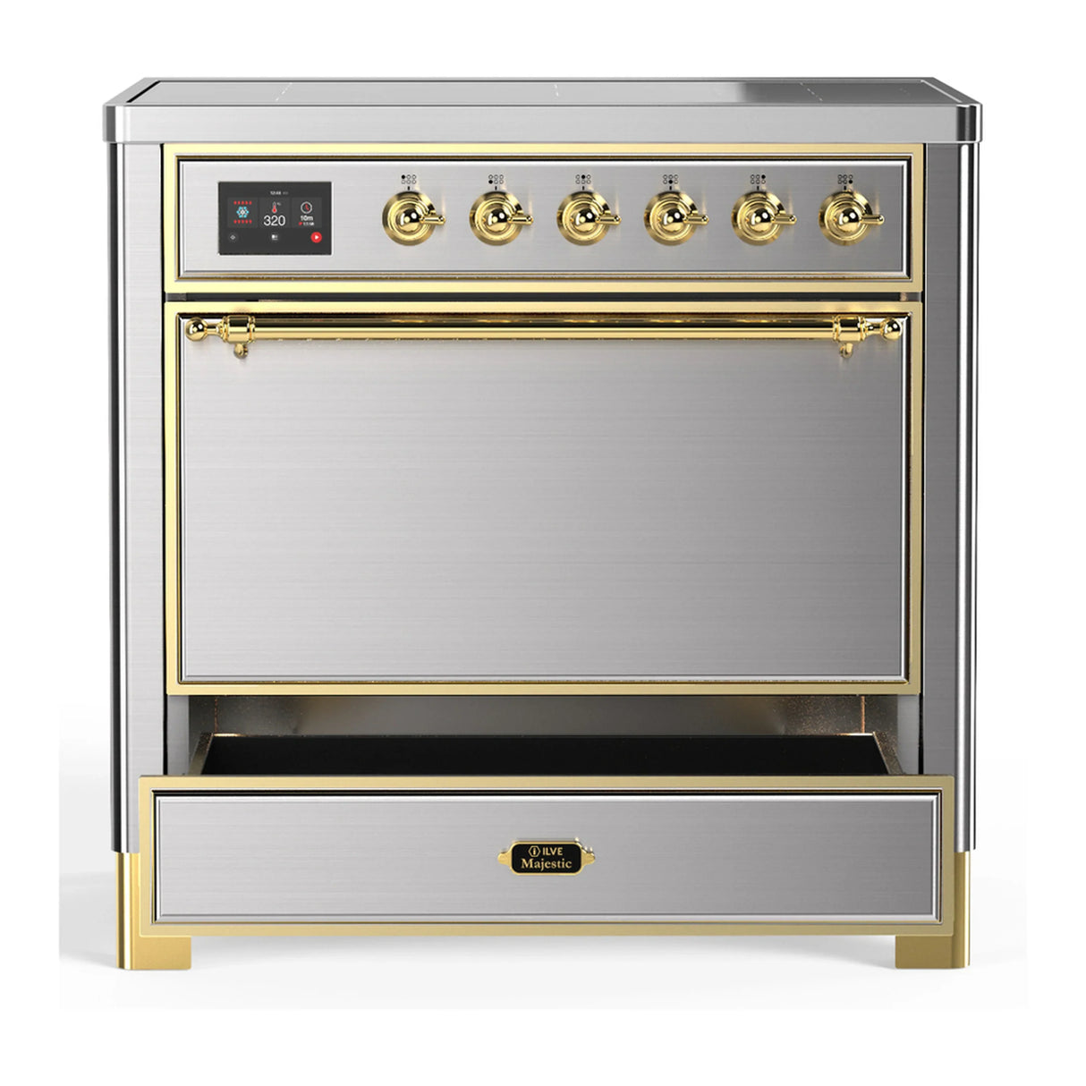 ILVE Majestic III 36-Inch Induction Range with 6 Induction Elements and Solid Door Electric Oven in Stainless Steel with Brass Trim (UMIB36QNR3SSG)