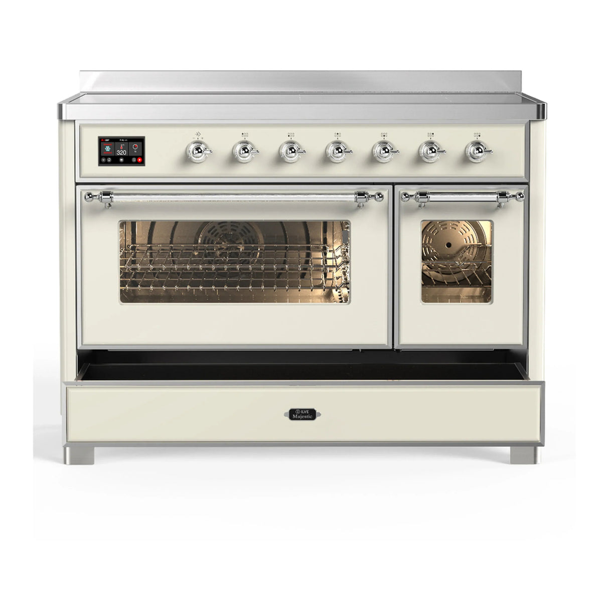 ILVE Majestic III 48-Inch Induction Range with 6 Induction Elements and Triple Glass Door Electric Oven in Antique White with Chrome Trim (UMIB48NR3AWC)