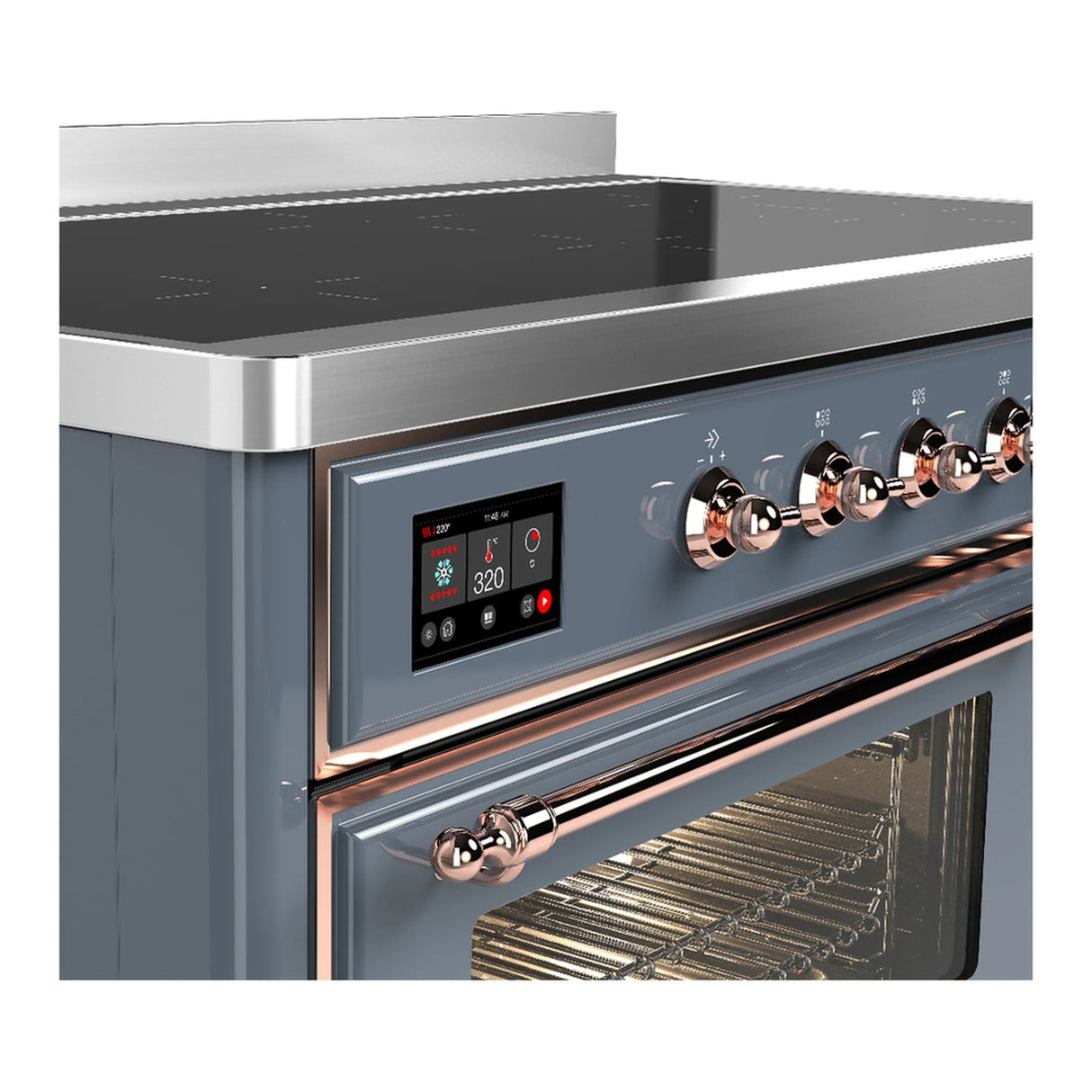 ILVE Majestic III 48-Inch Induction Range with 6 Induction Elements and Triple Glass Door Electric Oven in Blue Grey with Copper Trim (UMIB48NR3BGP)