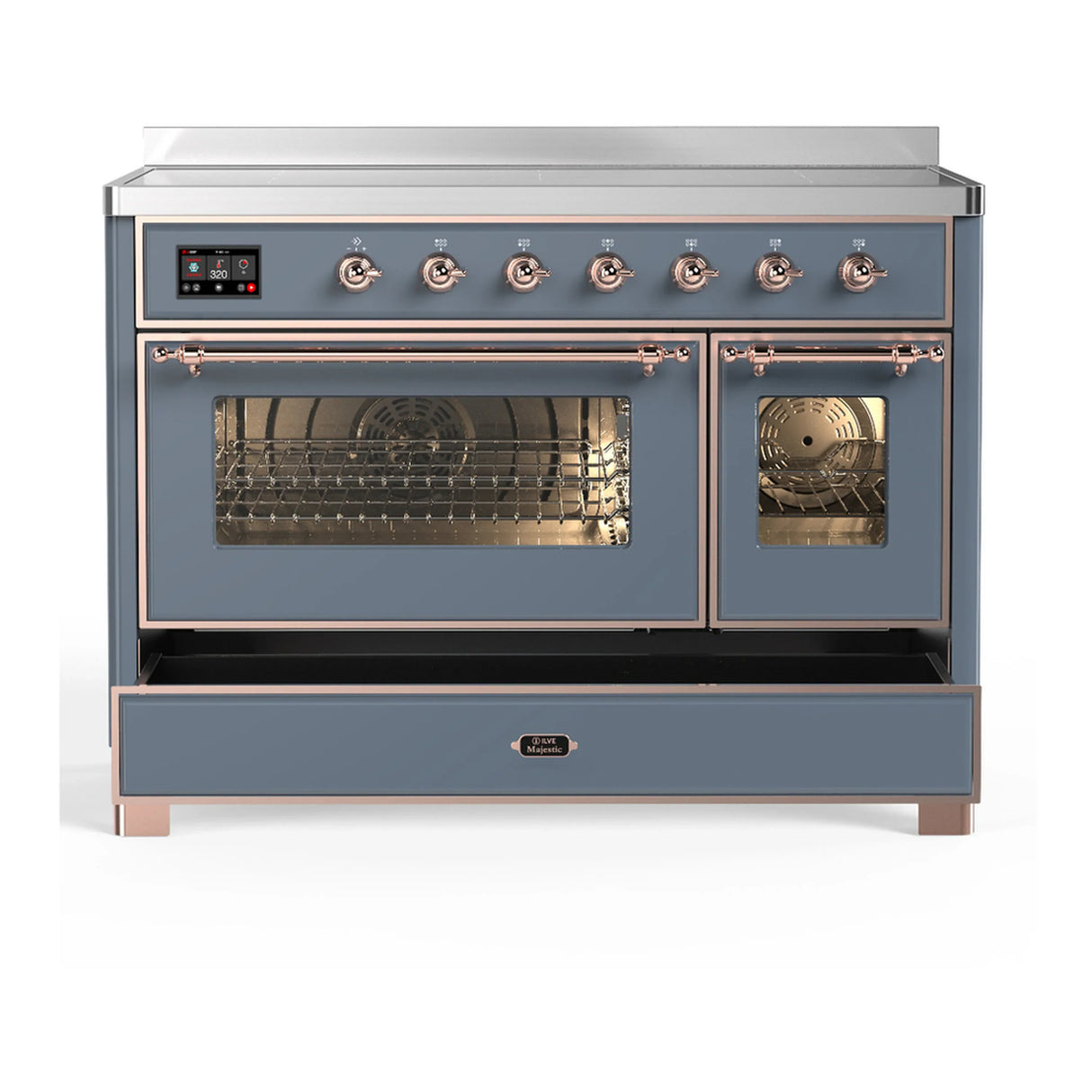 ILVE Majestic III 48-Inch Induction Range with 6 Induction Elements and Triple Glass Door Electric Oven in Blue Grey with Copper Trim (UMIB48NR3BGP)