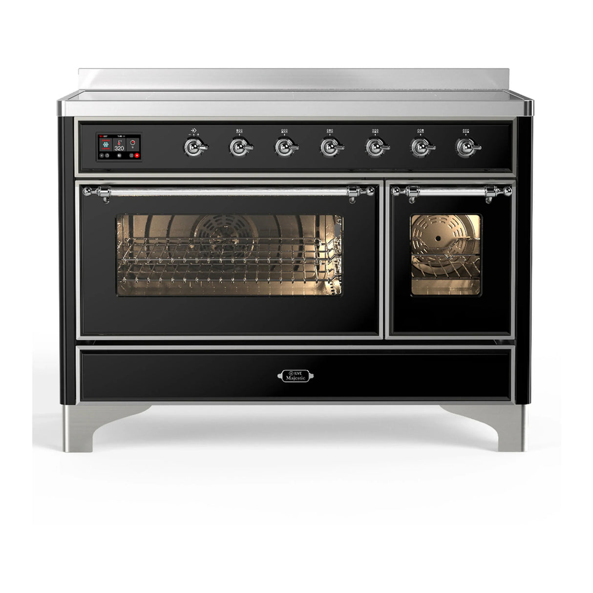 ILVE Majestic III 48-Inch Induction Range with 6 Induction Elements and Triple Glass Door Electric Oven in Glossy Black with Chrome Trim (UMIB48NR3BKC)