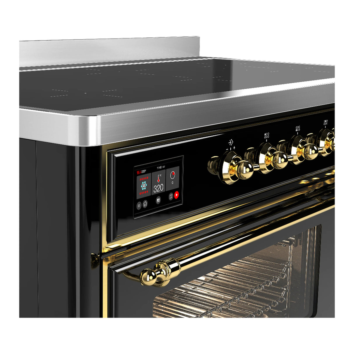 ILVE Majestic III 48-Inch Induction Range with 6 Induction Elements and Triple Glass Door Electric Oven in Glossy Black with Brass Trim (UMIB48NR3BKG)