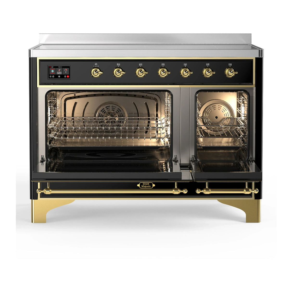 ILVE Majestic III 48-Inch Induction Range with 6 Induction Elements and Triple Glass Door Electric Oven in Glossy Black with Brass Trim (UMIB48NR3BKG)