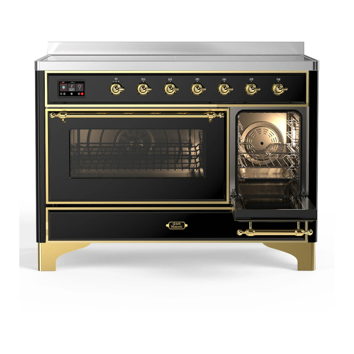 ILVE Majestic III 48-Inch Induction Range with 6 Induction Elements and Triple Glass Door Electric Oven in Glossy Black with Brass Trim (UMIB48NR3BKG)