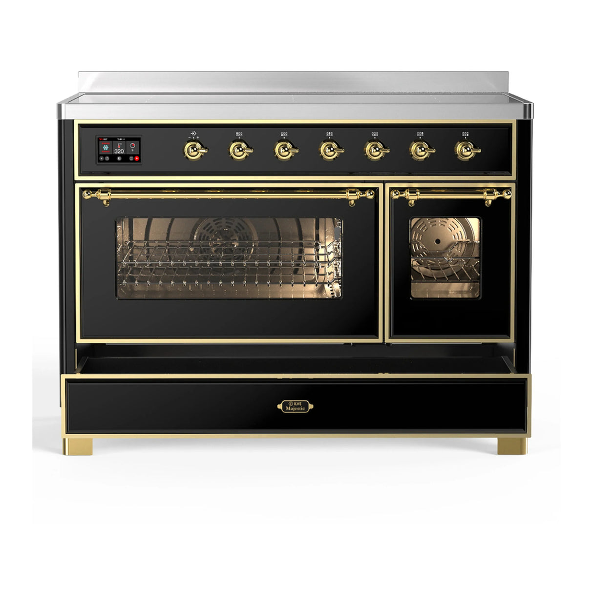 ILVE Majestic III 48-Inch Induction Range with 6 Induction Elements and Triple Glass Door Electric Oven in Glossy Black with Brass Trim (UMIB48NR3BKG)
