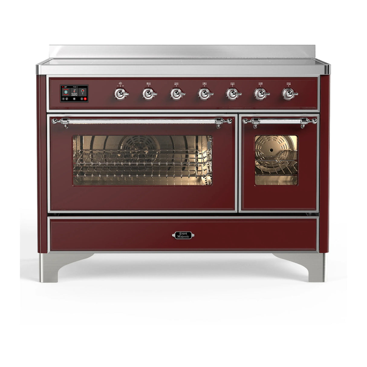 ILVE Majestic III 48-Inch Induction Range with 6 Induction Elements and Triple Glass Door Electric Oven in Burgundy with Chrome Trim (UMIB48NR3BUC)