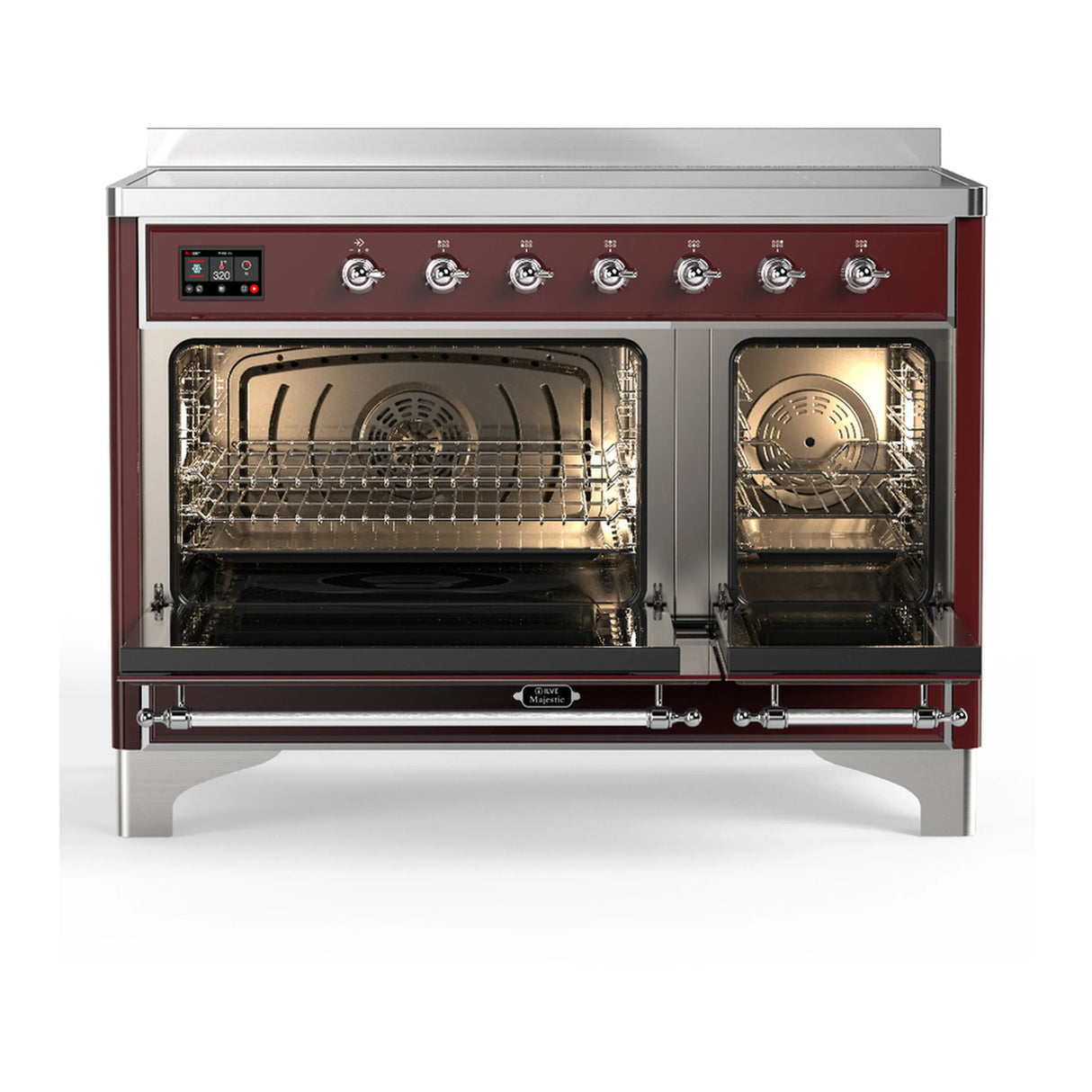 ILVE Majestic III 48-Inch Induction Range with 6 Induction Elements and Triple Glass Door Electric Oven in Burgundy with Chrome Trim (UMIB48NR3BUC)