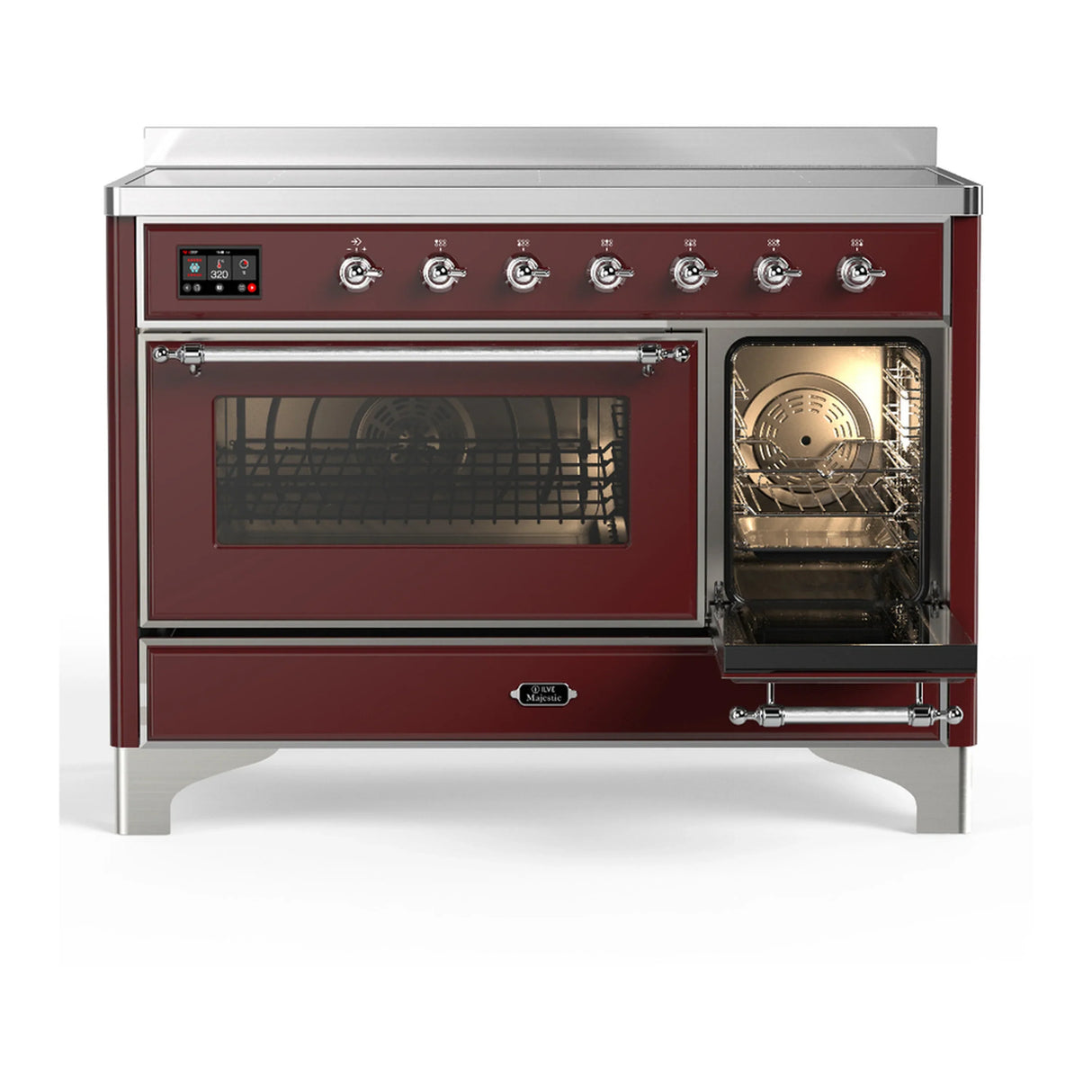 ILVE Majestic III 48-Inch Induction Range with 6 Induction Elements and Triple Glass Door Electric Oven in Burgundy with Chrome Trim (UMIB48NR3BUC)