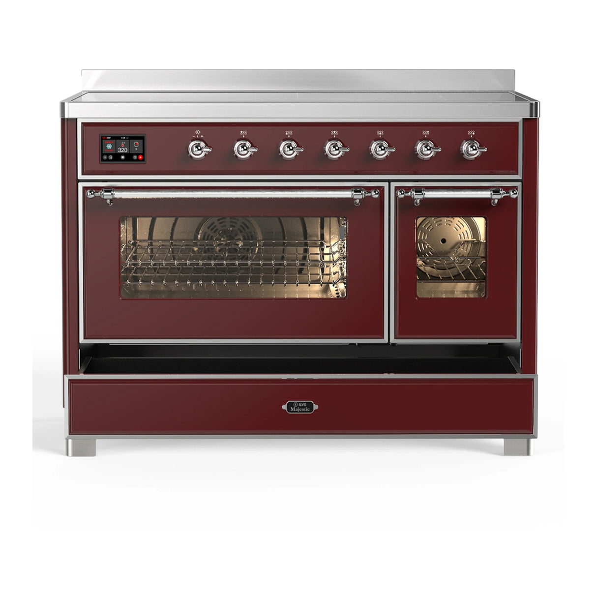 ILVE Majestic III 48-Inch Induction Range with 6 Induction Elements and Triple Glass Door Electric Oven in Burgundy with Chrome Trim (UMIB48NR3BUC)