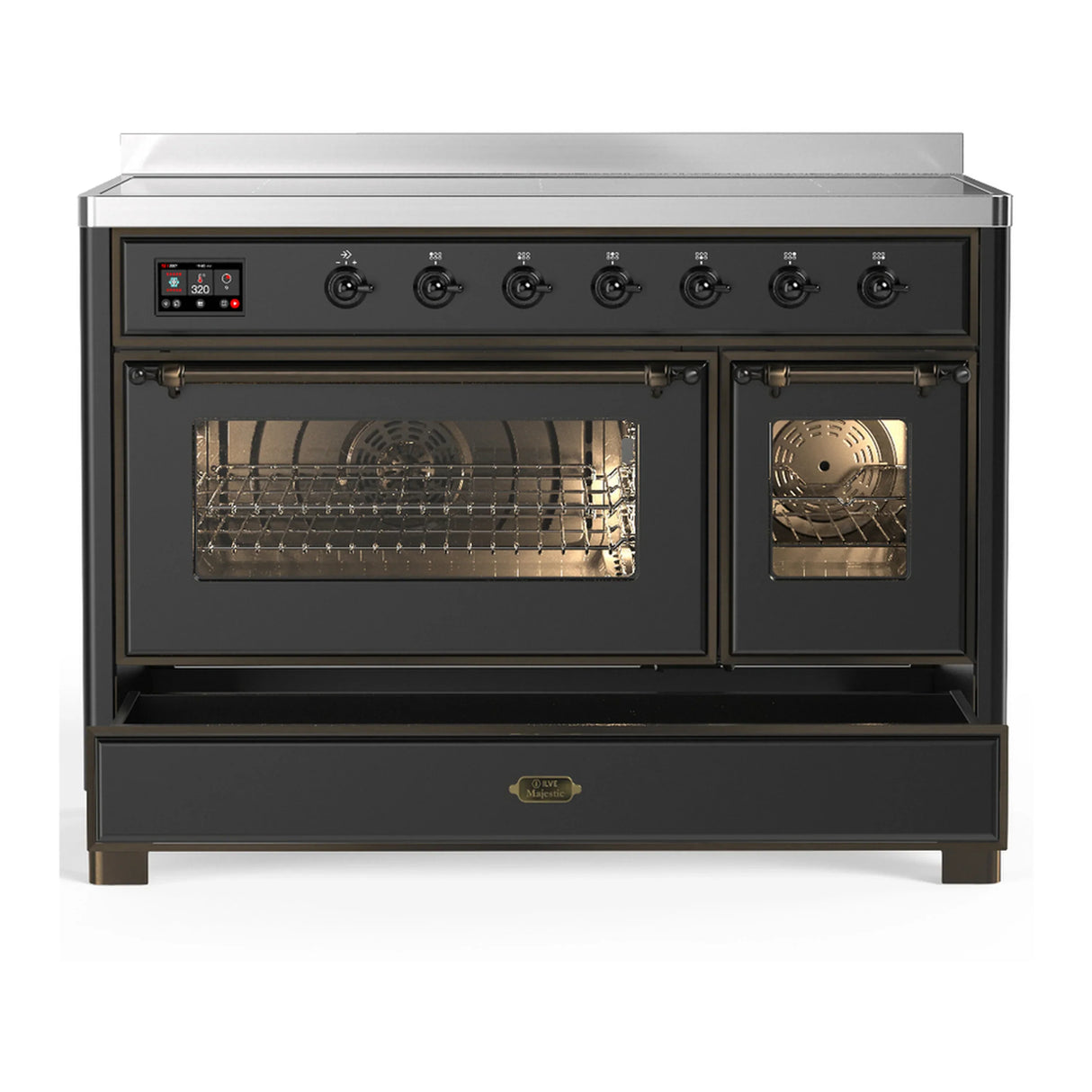 ILVE Majestic III 48-Inch Induction Range with 6 Induction Elements and Triple Glass Door Electric Oven in Matte Graphite with Burnished Trim (UMIB48NR3MGB)