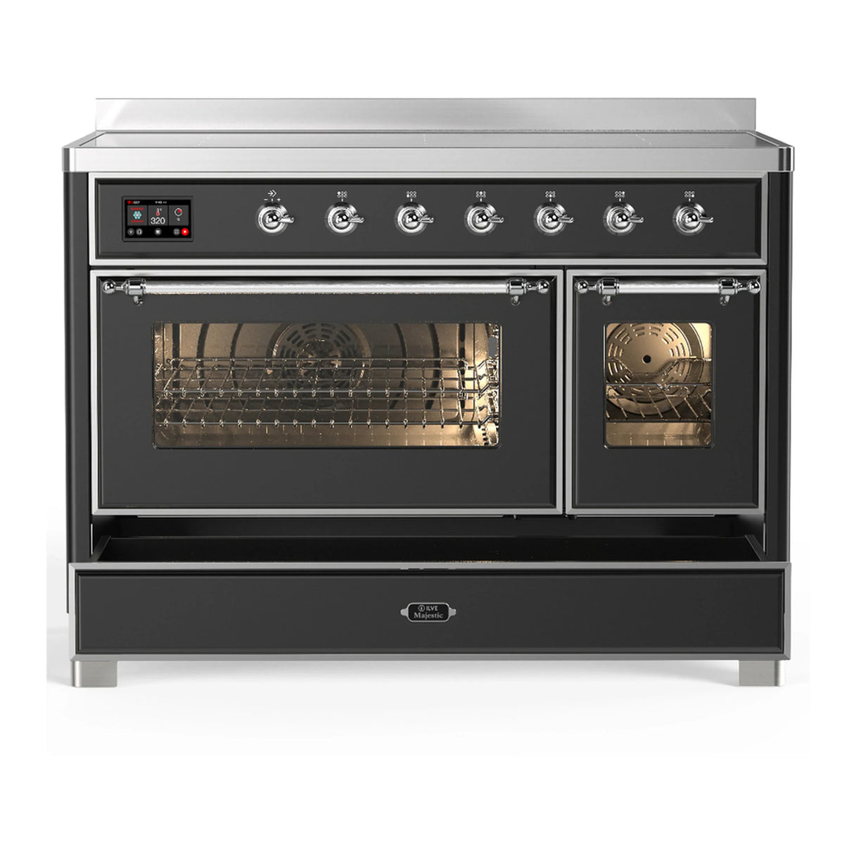 ILVE Majestic III 48-Inch Induction Range with 6 Induction Elements and Triple Glass Door Electric Oven in Matte Graphite with Chrome Trim (UMIB48NR3MGC)