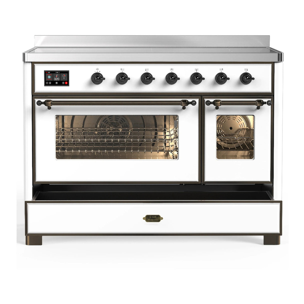 ILVE Majestic III 48-Inch Induction Range with 6 Induction Elements and Triple Glass Door Electric Oven in White with Burnished Trim (UMIB48NR3WHB)