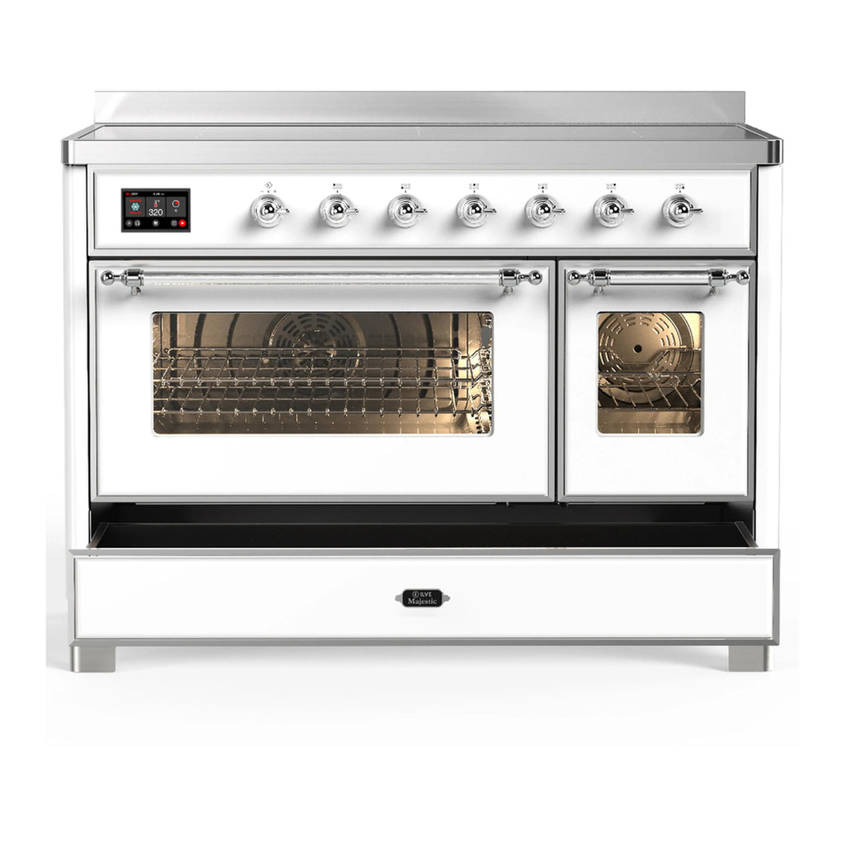 ILVE Majestic III 48-Inch Induction Range with 6 Induction Elements and Triple Glass Door Electric Oven in White with Chrome Trim (UMIB48NR3WHC)