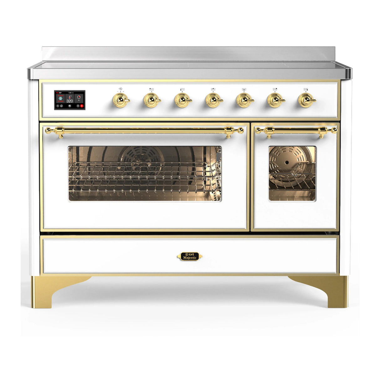 ILVE Majestic III 48-Inch Induction Range with 6 Induction Elements and Triple Glass Door Electric Oven in White with Brass Trim (UMIB48NR3WHG)