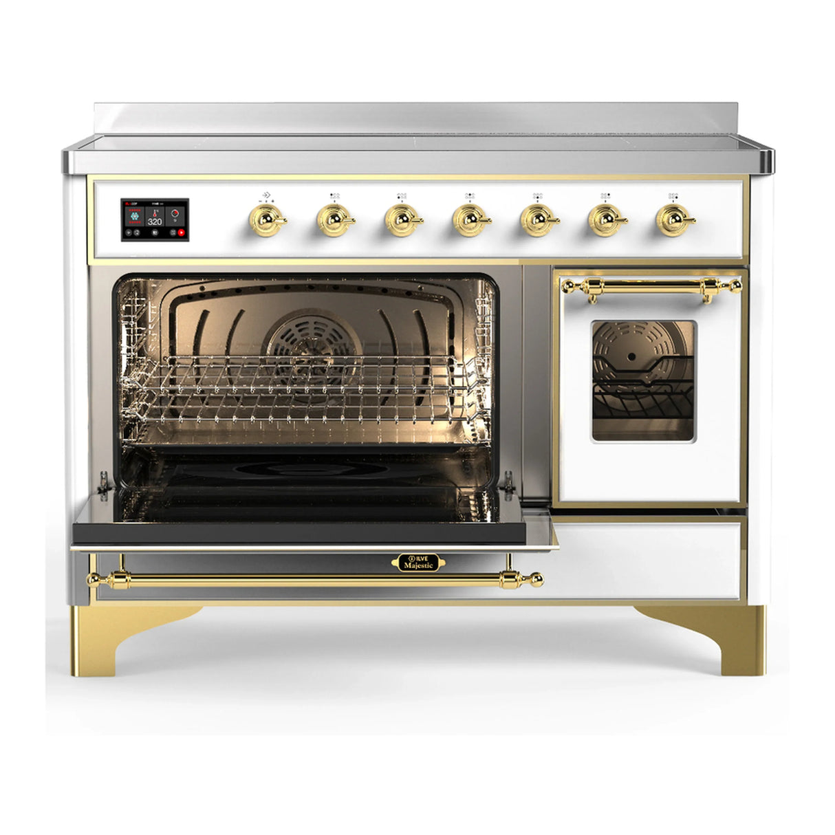 ILVE Majestic III 48-Inch Induction Range with 6 Induction Elements and Triple Glass Door Electric Oven in White with Brass Trim (UMIB48NR3WHG)