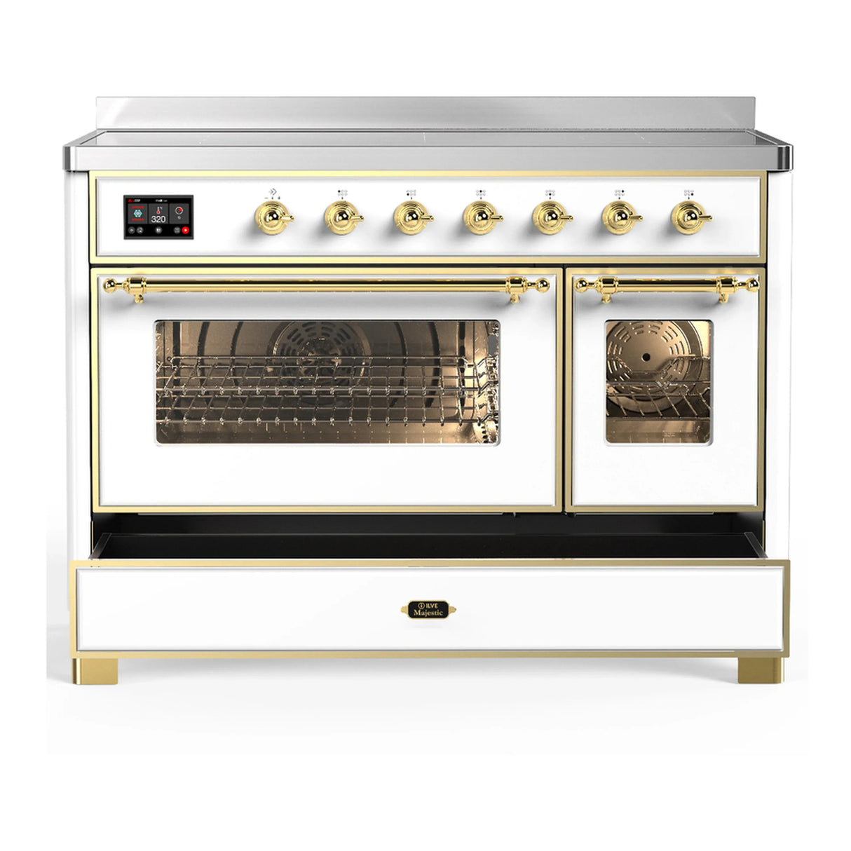 ILVE Majestic III 48-Inch Induction Range with 6 Induction Elements and Triple Glass Door Electric Oven in White with Brass Trim (UMIB48NR3WHG)