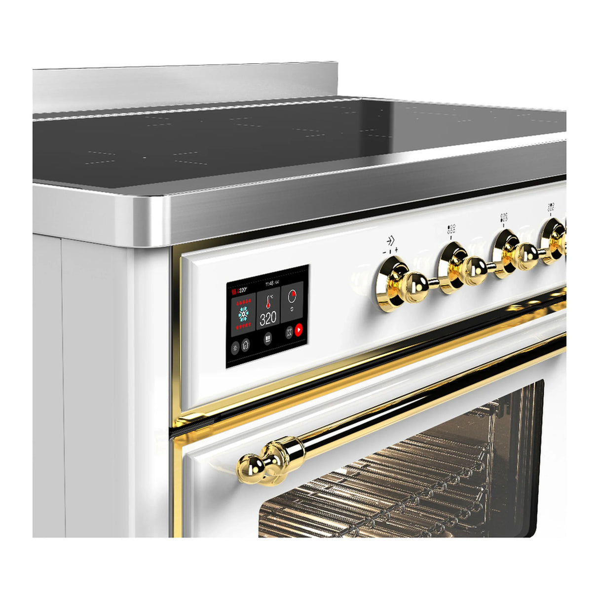 ILVE Majestic III 48-Inch Induction Range with 6 Induction Elements and Triple Glass Door Electric Oven in White with Brass Trim (UMIB48NR3WHG)