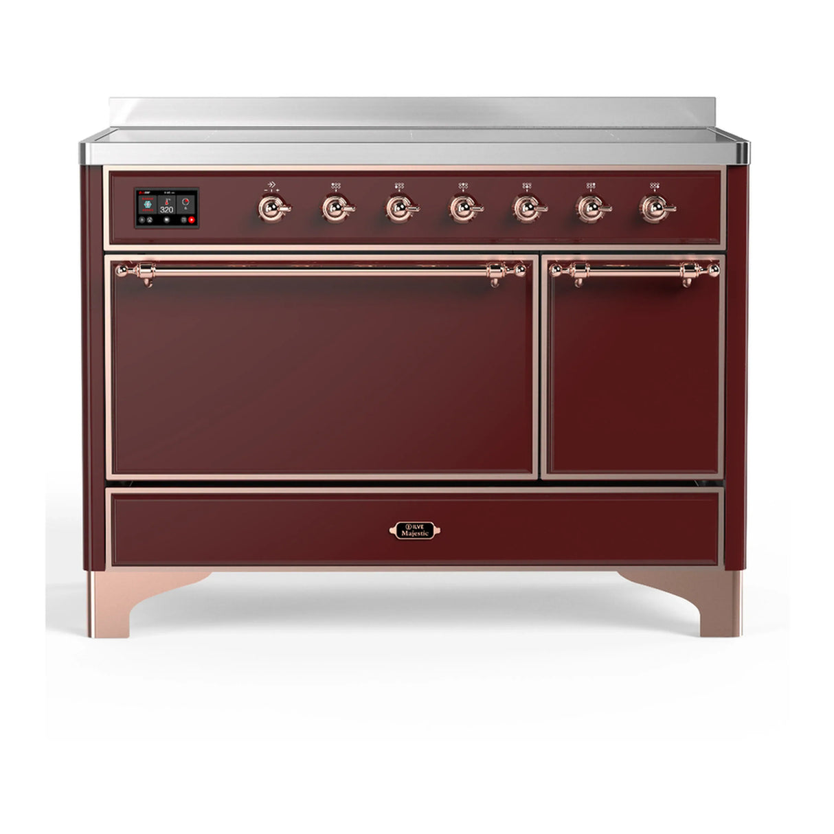 ILVE Majestic III 48-Inch Induction Range with 6 Induction Elements and Solid Door Electric Oven in Burgundy with Copper Trim (UMIB48QNR3BUP)