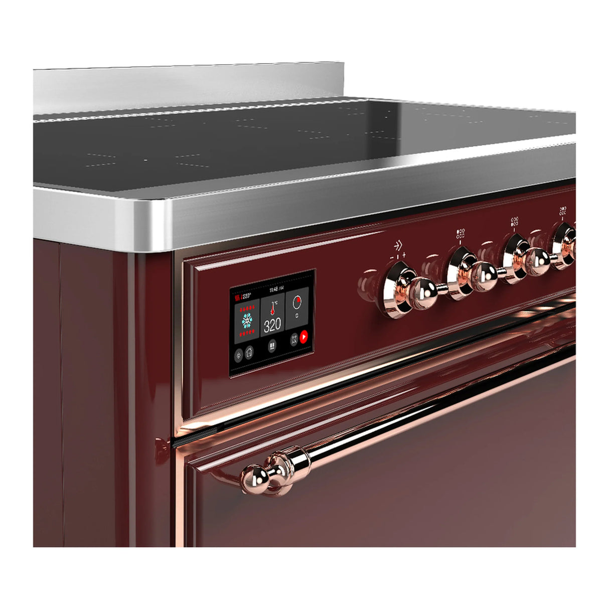 ILVE Majestic III 48-Inch Induction Range with 6 Induction Elements and Solid Door Electric Oven in Burgundy with Copper Trim (UMIB48QNR3BUP)