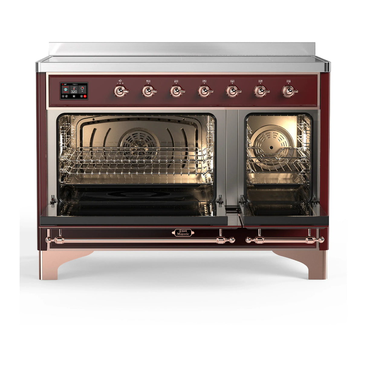 ILVE Majestic III 48-Inch Induction Range with 6 Induction Elements and Solid Door Electric Oven in Burgundy with Copper Trim (UMIB48QNR3BUP)