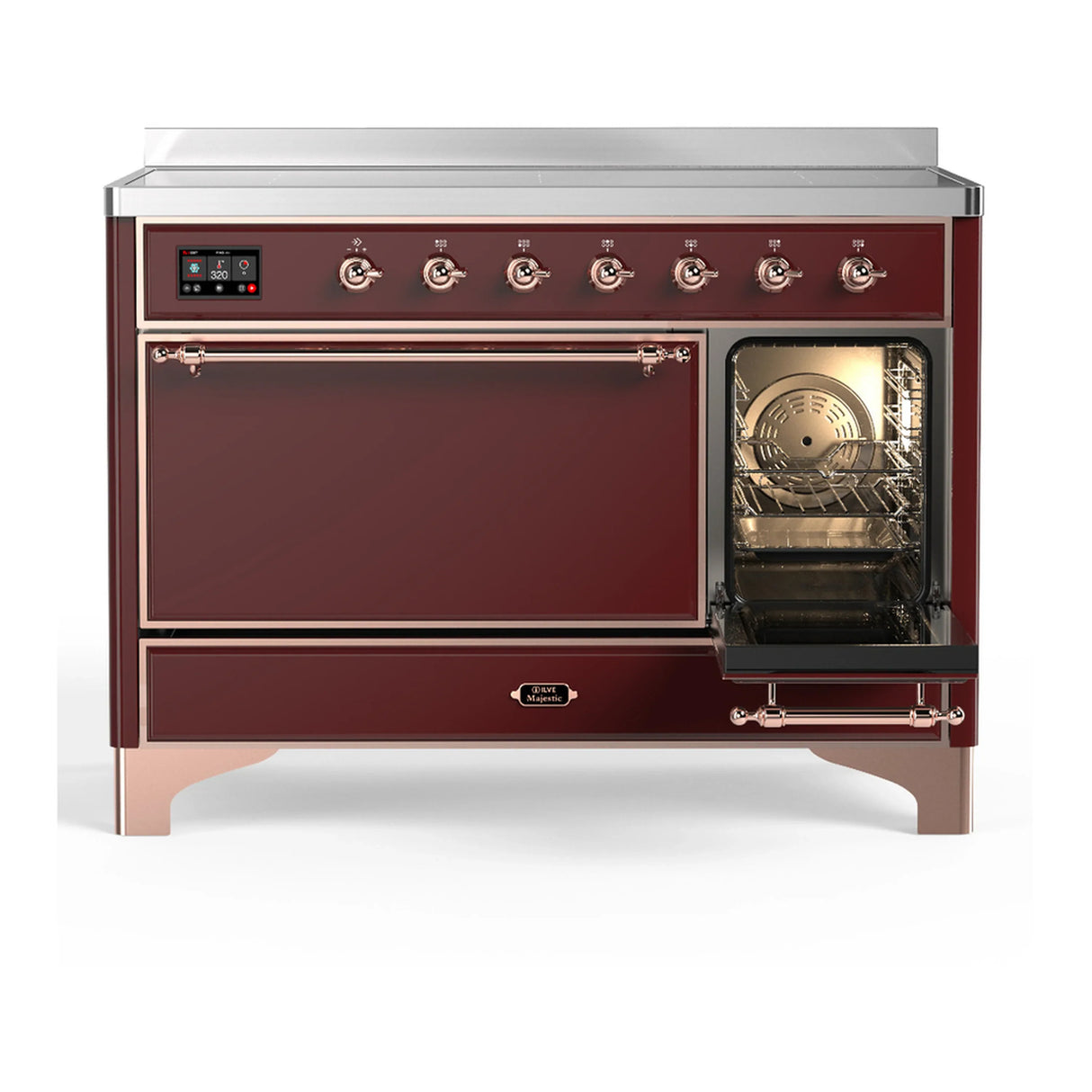 ILVE Majestic III 48-Inch Induction Range with 6 Induction Elements and Solid Door Electric Oven in Burgundy with Copper Trim (UMIB48QNR3BUP)