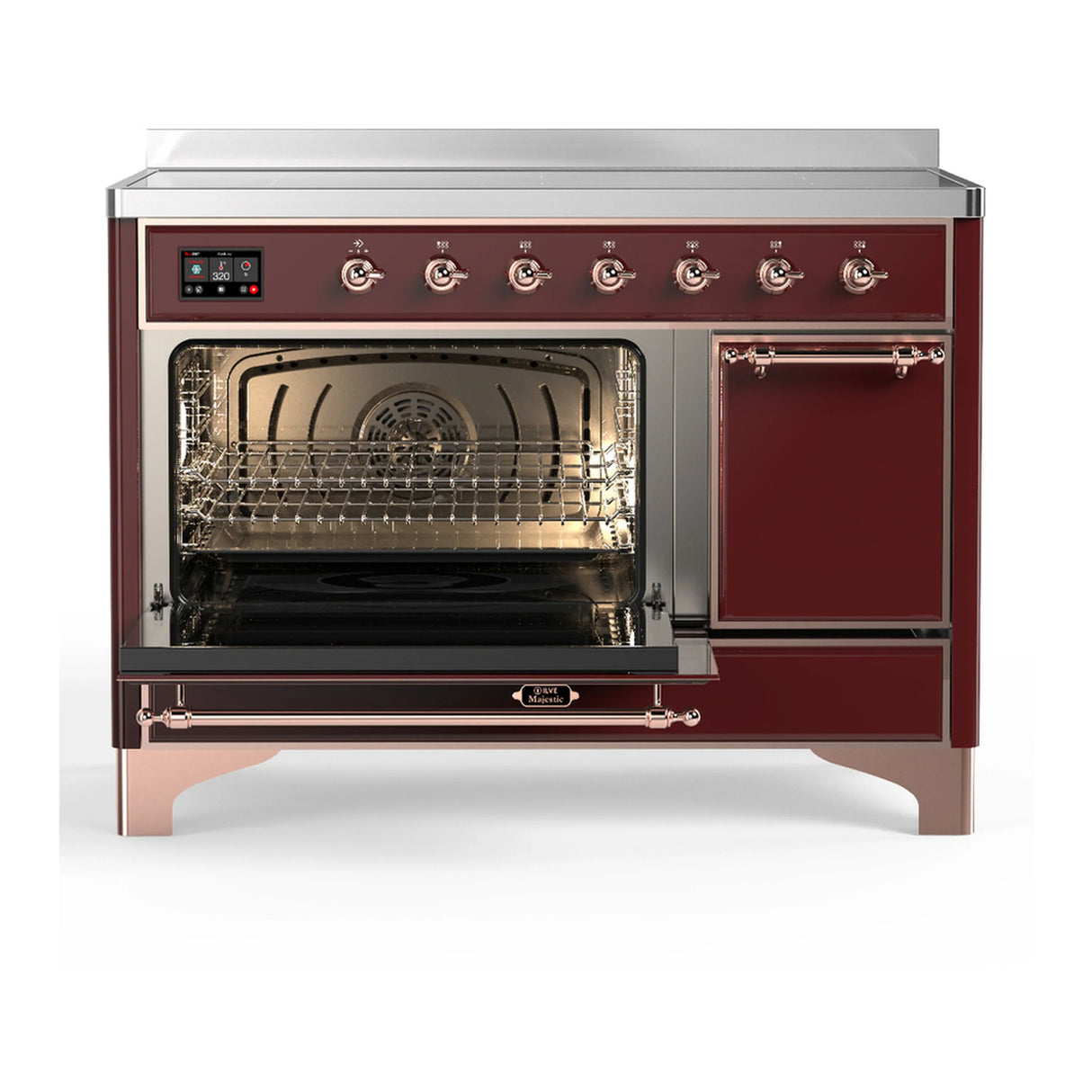ILVE Majestic III 48-Inch Induction Range with 6 Induction Elements and Solid Door Electric Oven in Burgundy with Copper Trim (UMIB48QNR3BUP)
