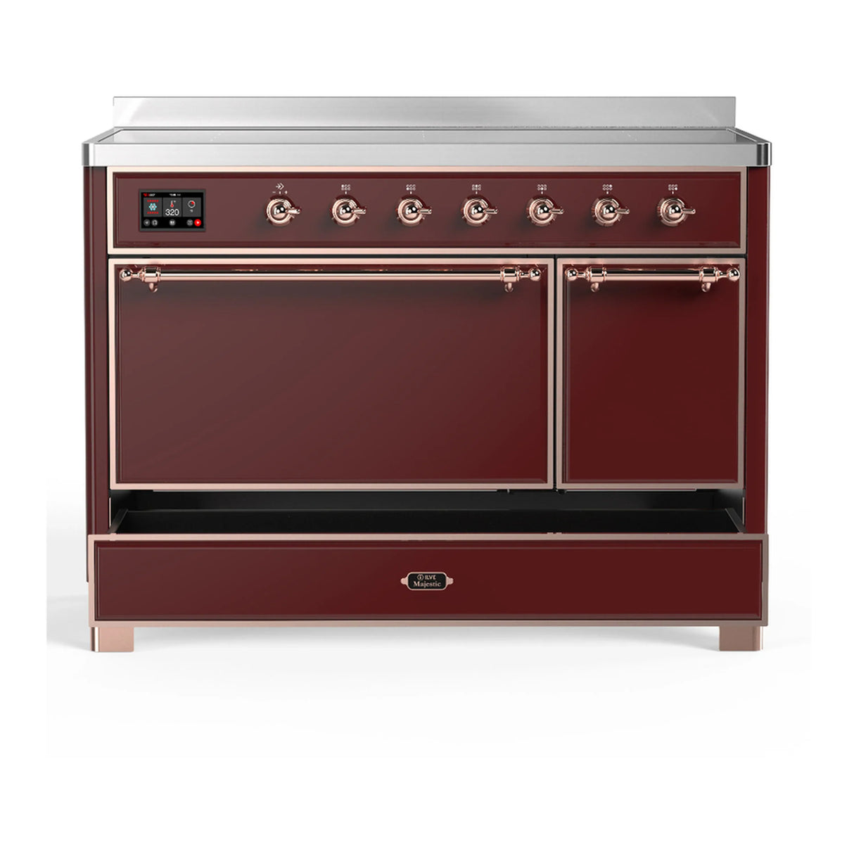 ILVE Majestic III 48-Inch Induction Range with 6 Induction Elements and Solid Door Electric Oven in Burgundy with Copper Trim (UMIB48QNR3BUP)