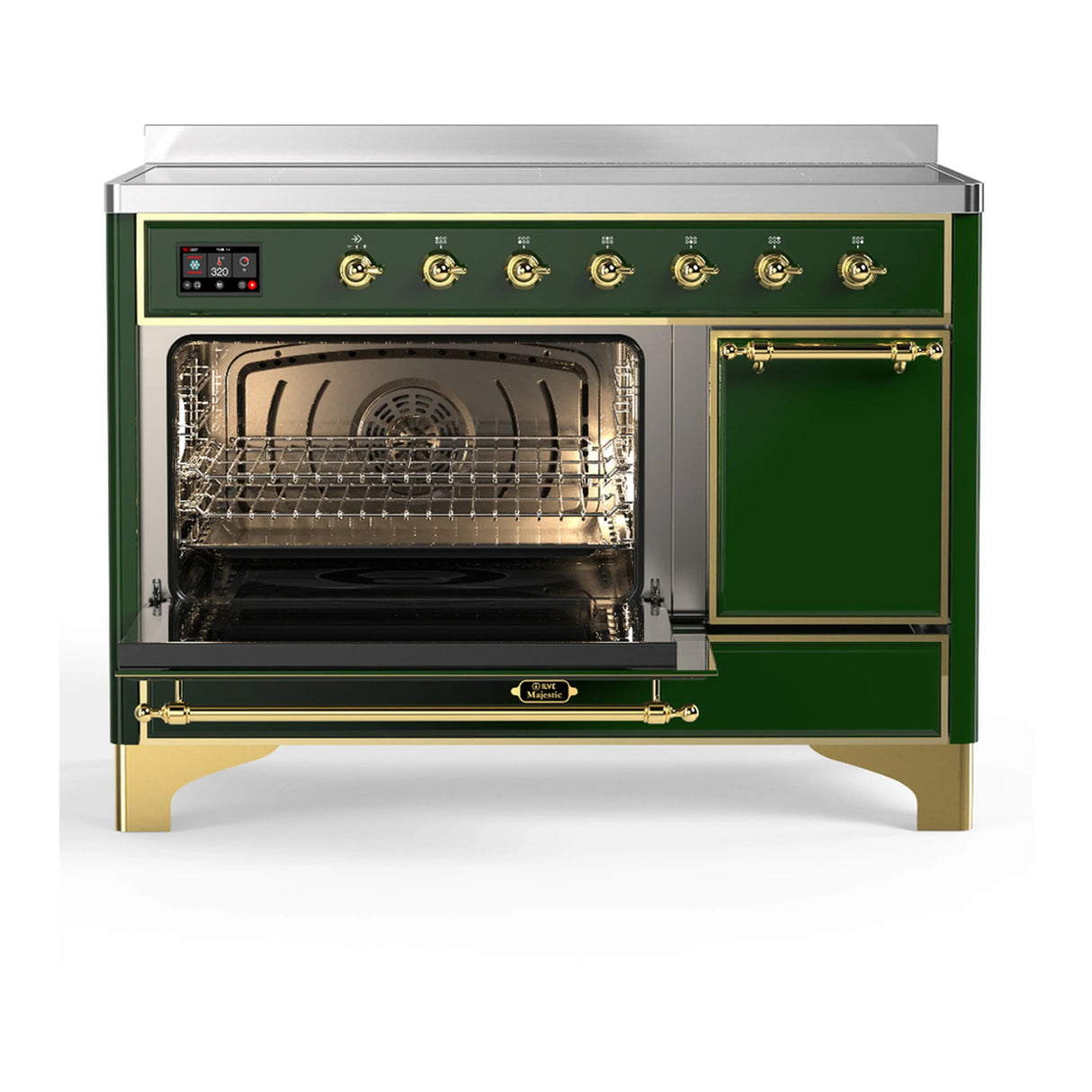 ILVE Majestic III 48-Inch Induction Range with 6 Induction Elements and Solid Door Electric Oven in Emerald Green with Brass Trim (UMIB48QNR3EGG)