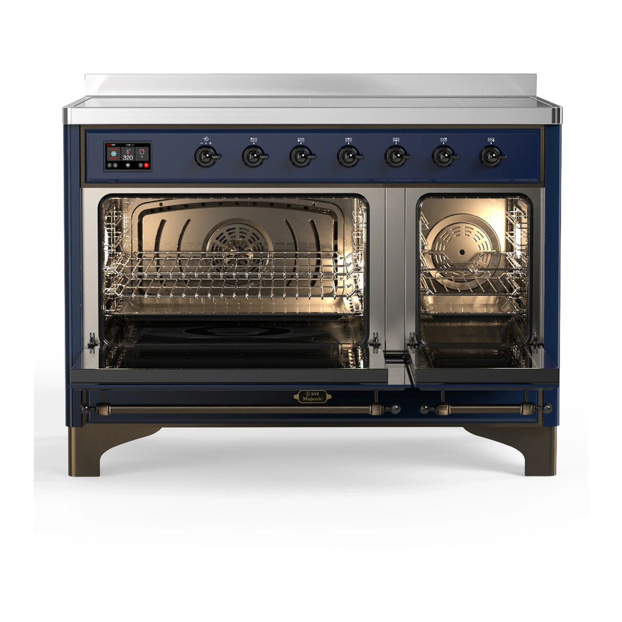 ILVE Majestic III 48-Inch Induction Range with 6 Induction Elements and Solid Door Electric Oven in Mightnight Blue with Burnished Trim (UMIB48QNR3MBB)