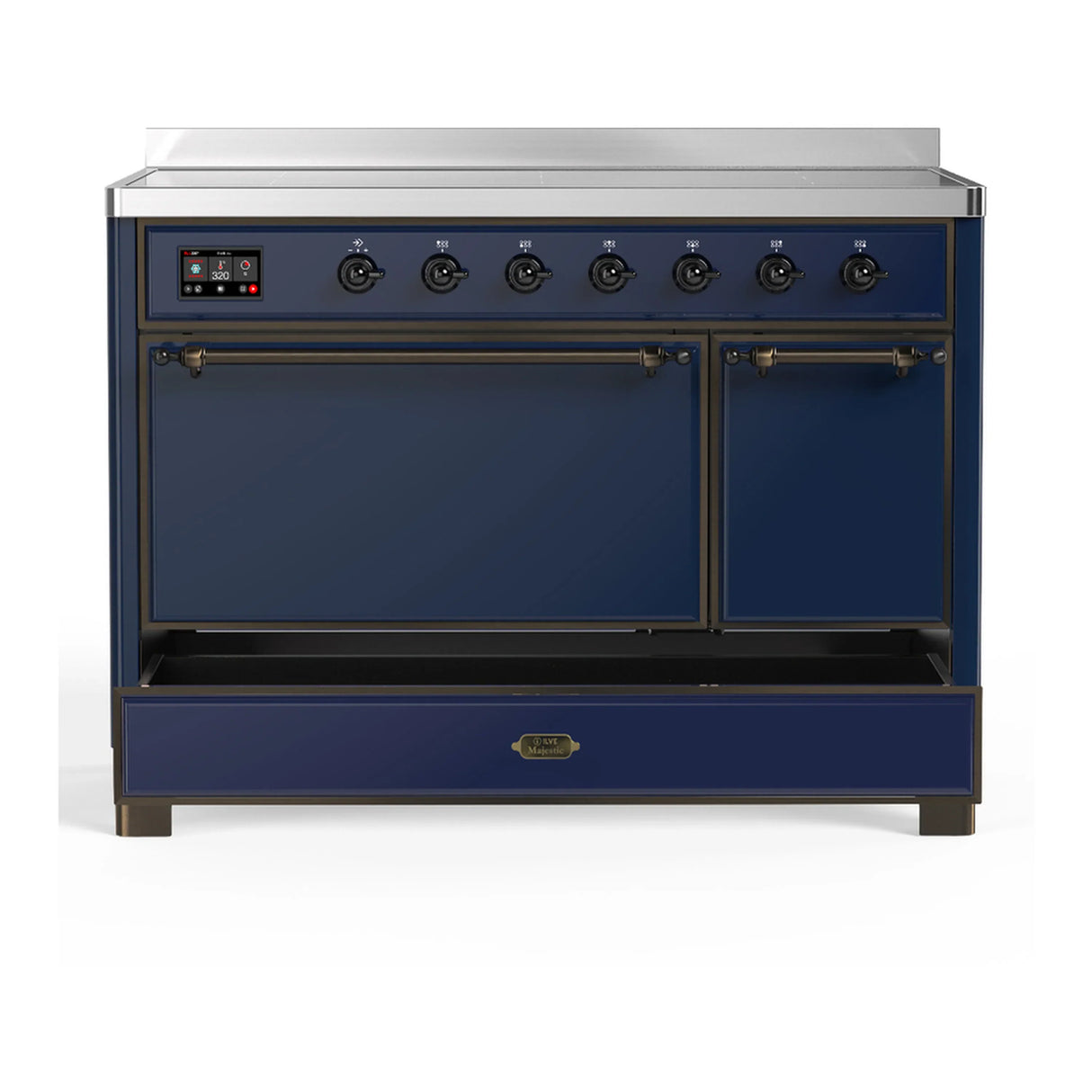 ILVE Majestic III 48-Inch Induction Range with 6 Induction Elements and Solid Door Electric Oven in Mightnight Blue with Burnished Trim (UMIB48QNR3MBB)