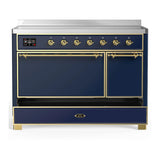 ILVE Majestic III 48-Inch Induction Range with 6 Induction Elements and Solid Door Electric Oven in Mightnight Blue with Brass Trim (UMIB48QNR3MBG)