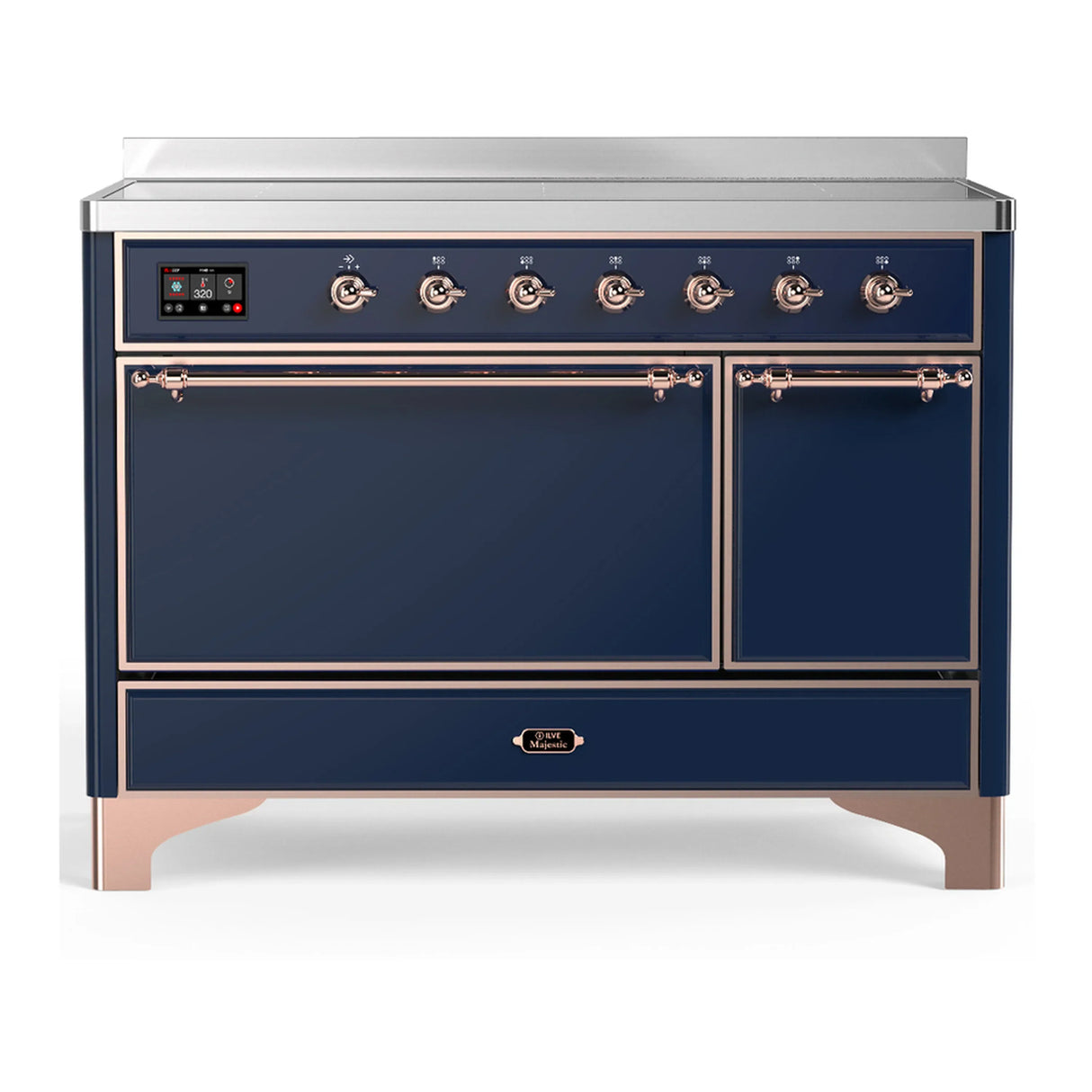 ILVE Majestic III 48-Inch Induction Range with 6 Induction Elements and Solid Door Electric Oven in Mightnight Blue with Copper Trim (UMIB48QNR3MBP)