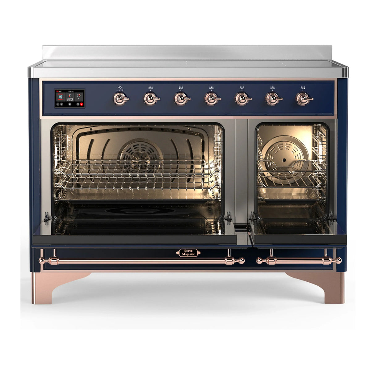 ILVE Majestic III 48-Inch Induction Range with 6 Induction Elements and Solid Door Electric Oven in Mightnight Blue with Copper Trim (UMIB48QNR3MBP)