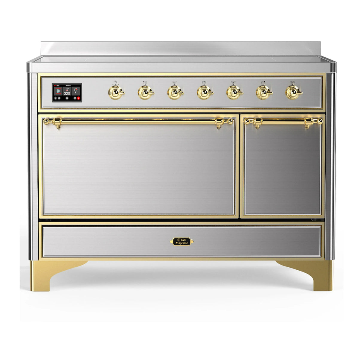ILVE Majestic III 48-Inch Induction Range with 6 Induction Elements and Solid Door Electric Oven in Stainless Steel with Brass Trim (UMIB48QNR3SSG)